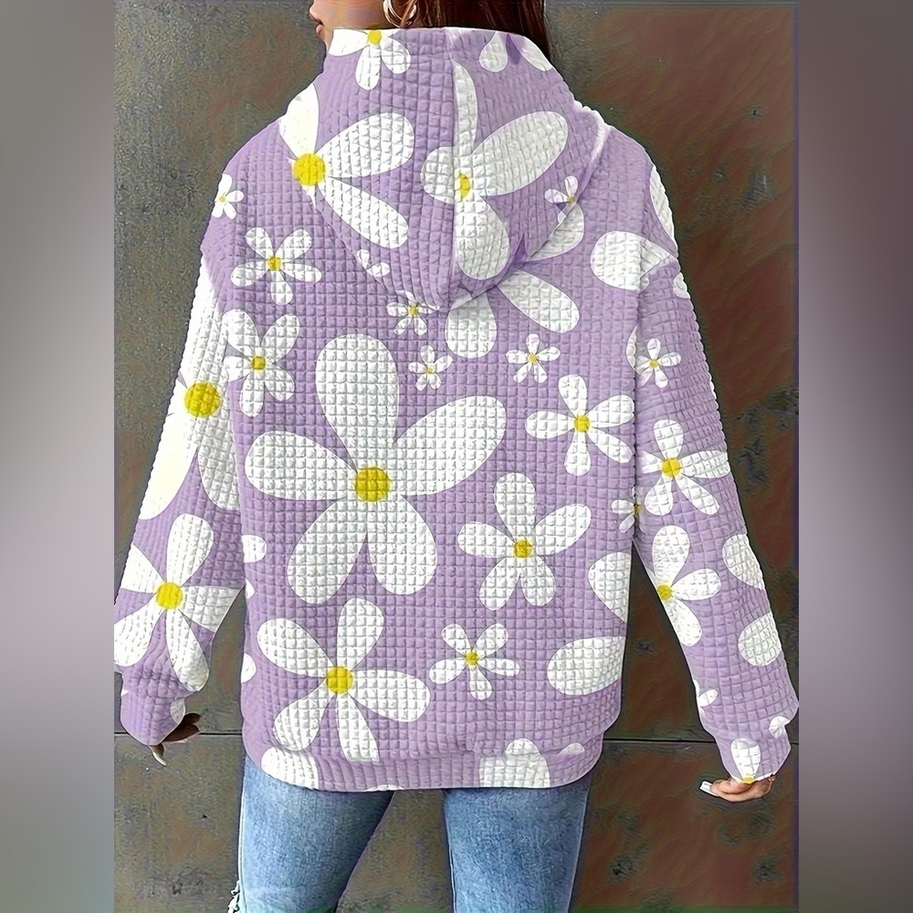 Floral Print Textured Drawstring Hoodie - Picture 11 of 11